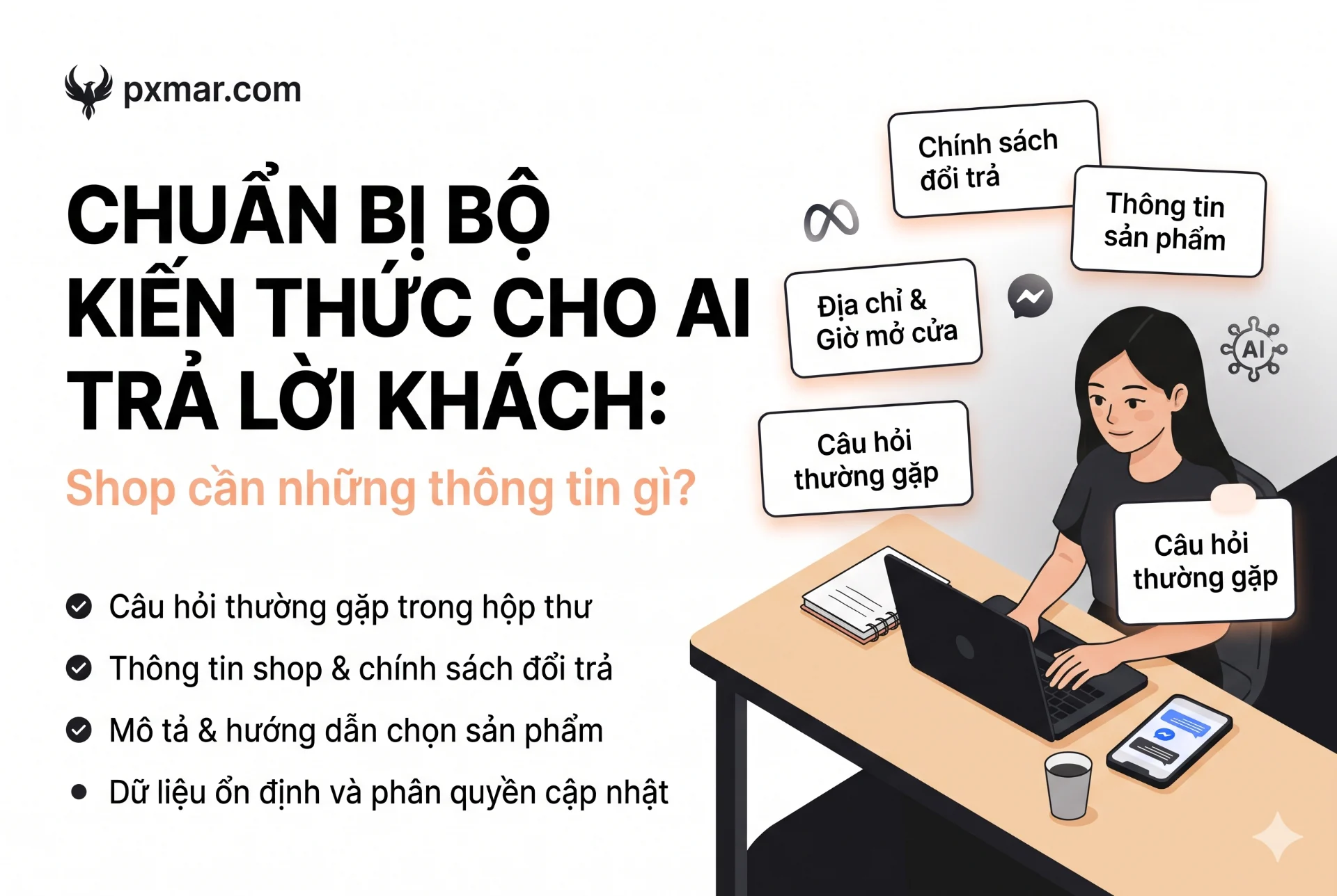 Minh họa chuẩn bị bộ kiến thức cho AI trả lời khách: FAQ, thông tin sản phẩm, địa chỉ, giờ mở cửa và chính sách đổi trả